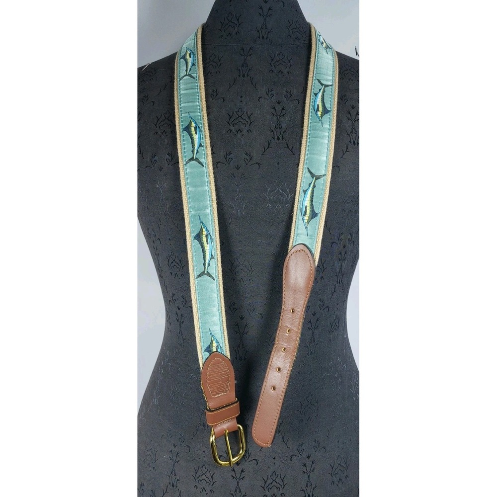 Zep Pro Marlin Ribbon Belt Mens 44 Teal Brown Leather Solid Brass Made In USA